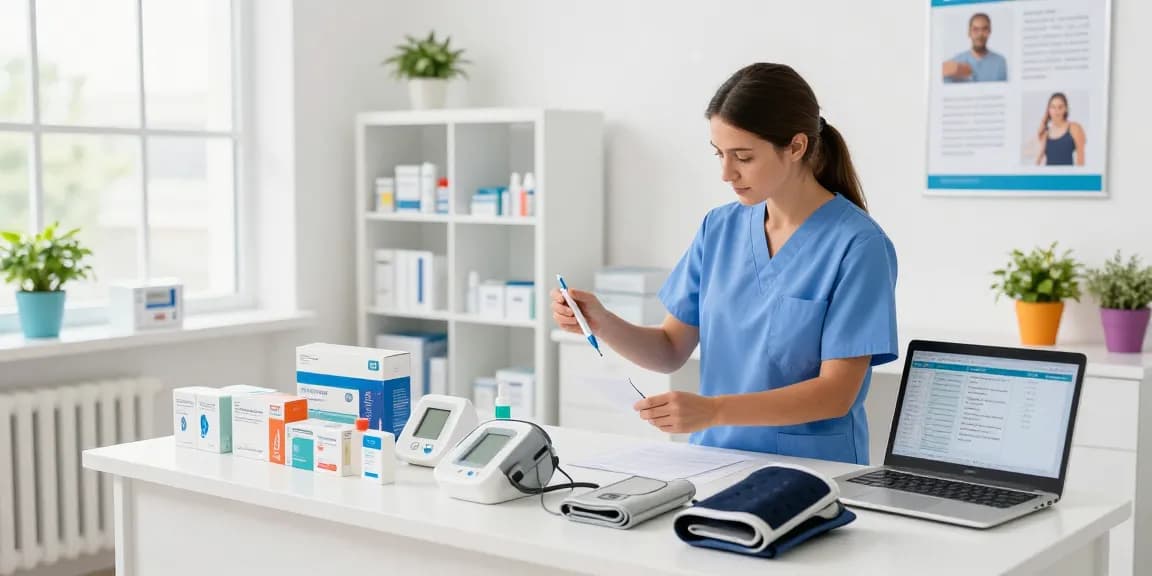 Showcasing health medical products in a professional clinic setting, featuring various health monitoring devices.