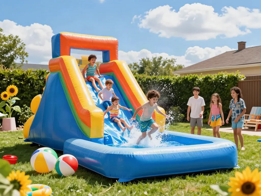 Children enjoying an inflatable water slide on a bright summer day with splashes of water.