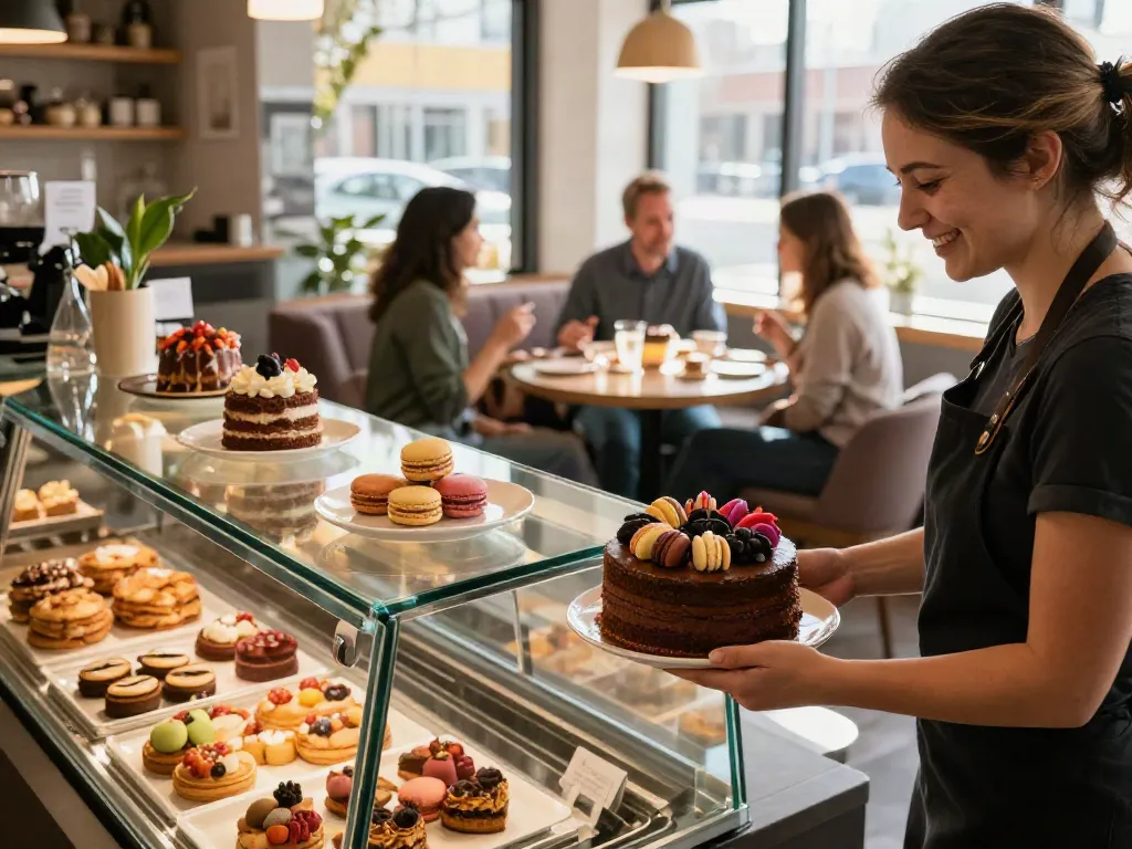 Indulge in delightful Dessert Calgary featuring a friendly barista, chocolate cake, and cozy café atmosphere.