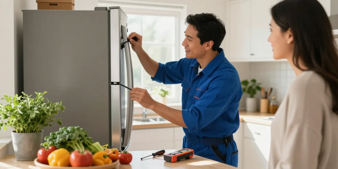 Technician performing appliance repair in Markham, demonstrating reliable service in a bright kitchen.