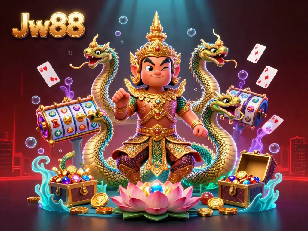 Engage with Jw88's vibrant 3D casino scene featuring golden temple guardian, jewels, and captivating gameplay elements.