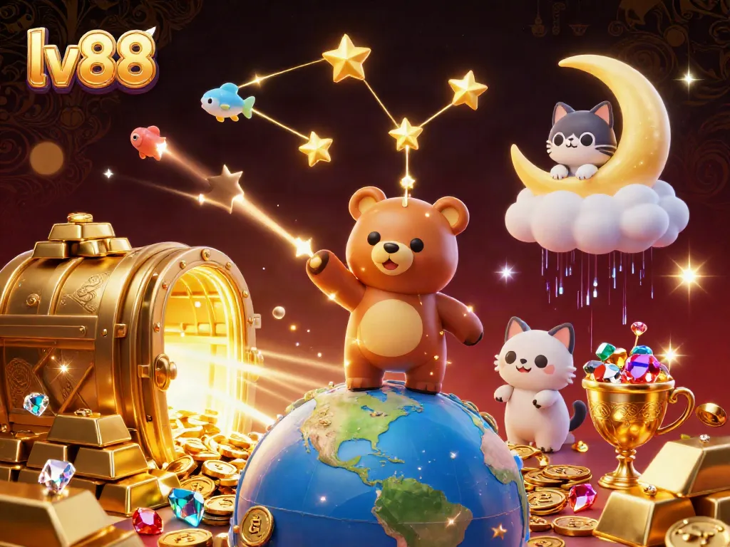 Experience the magical gaming world of lv88 with golden treasures and celestial characters.