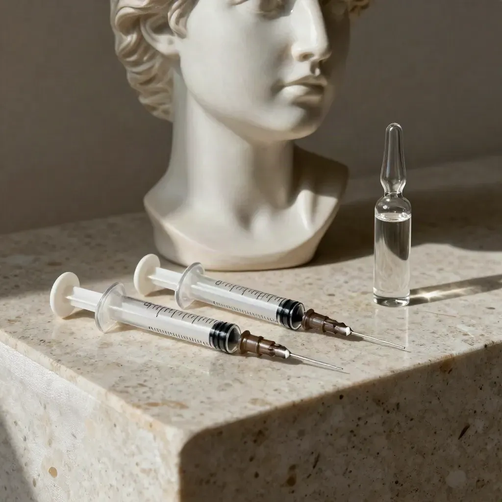 Three dermal filler syringes beside a ceramic profile bust and glass ampoule on travertine.
