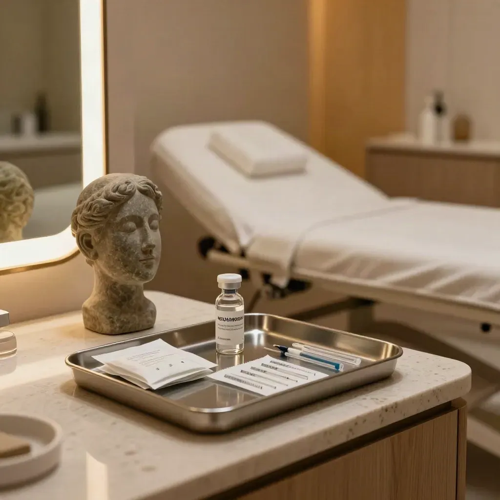 Injectable tray, vial, swabs and stone bust beside a glowing mirror in a med spa room.