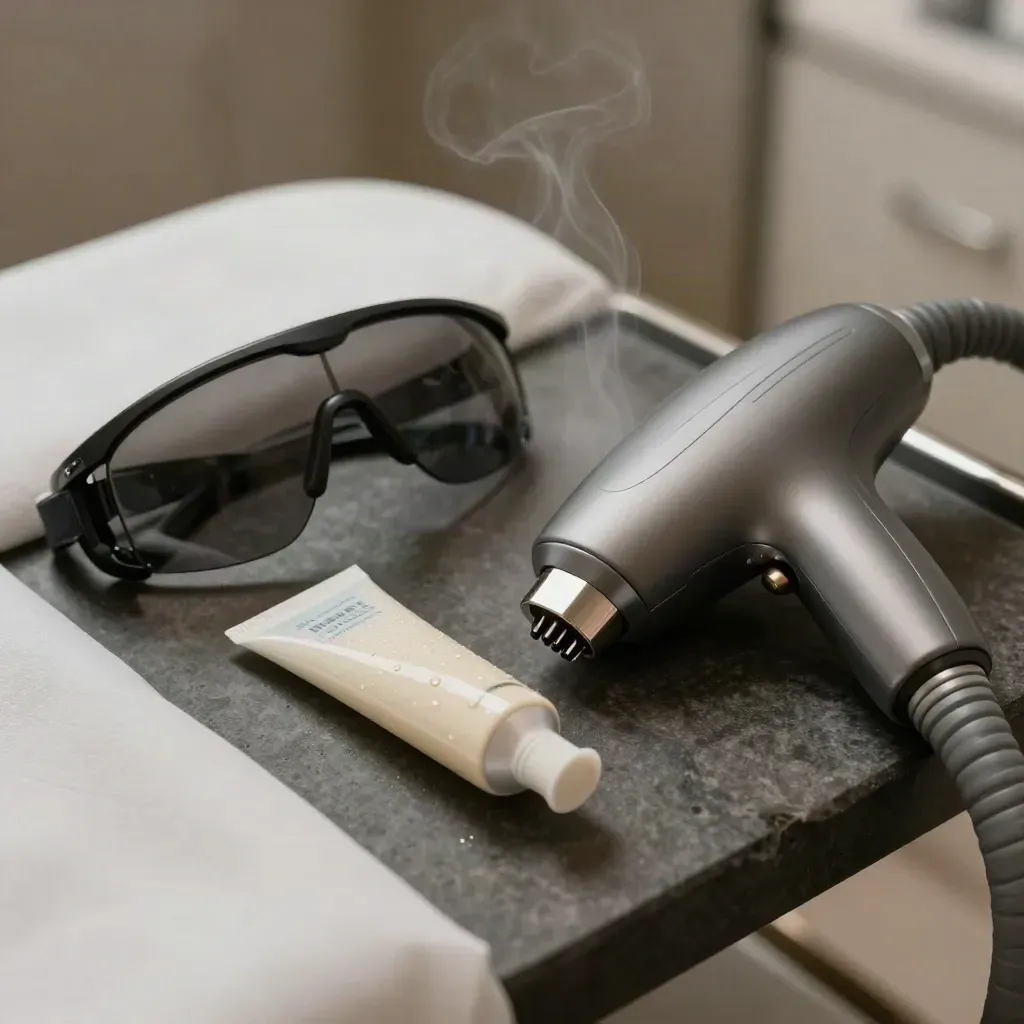 Laser hair removal dock, goggles, gel tube, and bed corner with cool vapor.