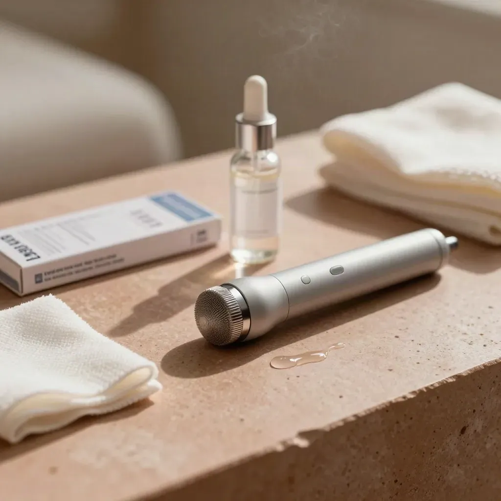 Dermapen, serum vial, gauze, and cartridge pack on terracotta stone with misty spa light.