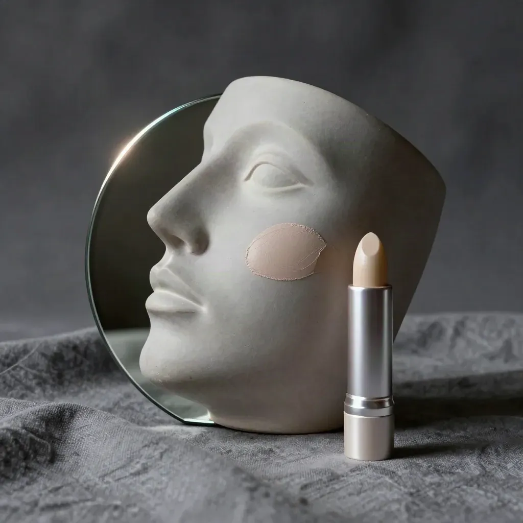 Ceramic face profile and lip balm on a mirrored stand with a lifted contour highlight.