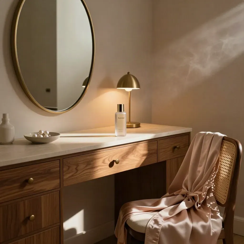 Blush robe, serum bottle, pearls and a vanity glowing in a cozy spa evening corner.
