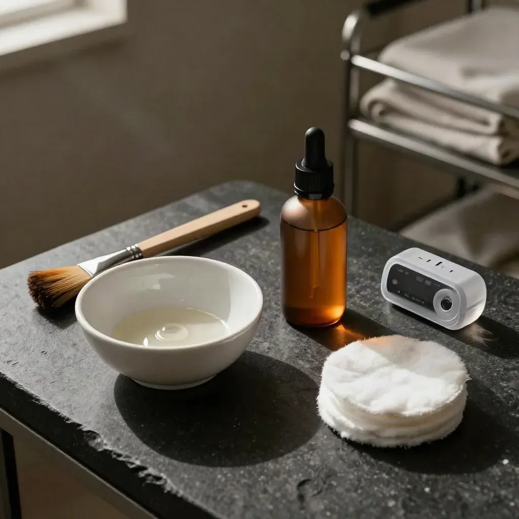 Overhead chemical peel flatlay with amber bottle, brush, bowl, cotton pads and quartz timer in moody light