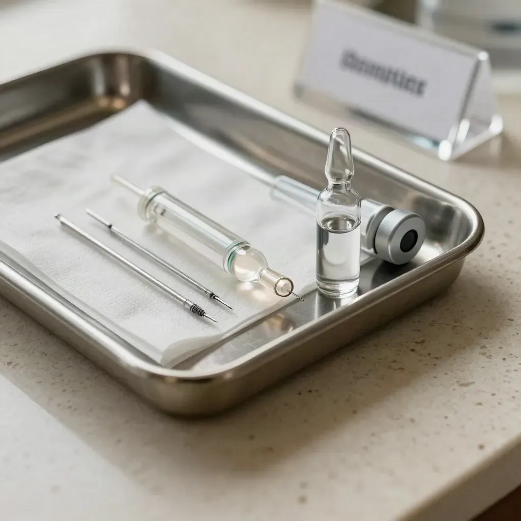Macro of injector tray, capped needles, gauze, ampoules and chrome light base on travertine.