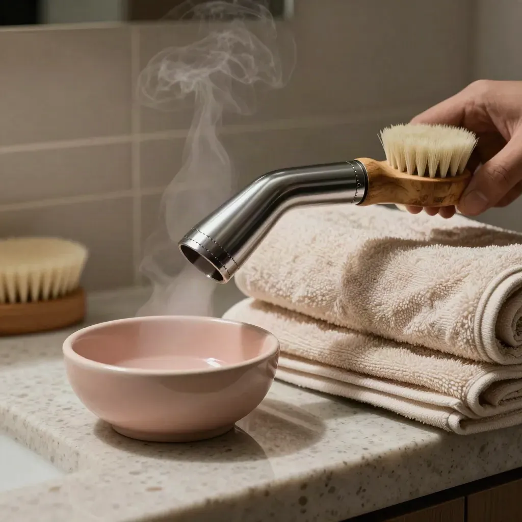 Macro of a chrome facial steamer, brush, mask bowl and folded towels in warm steam