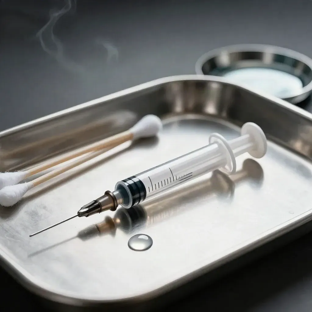 Filler syringe with gel, cotton swabs, and a metal kidney dish on a stainless tray.