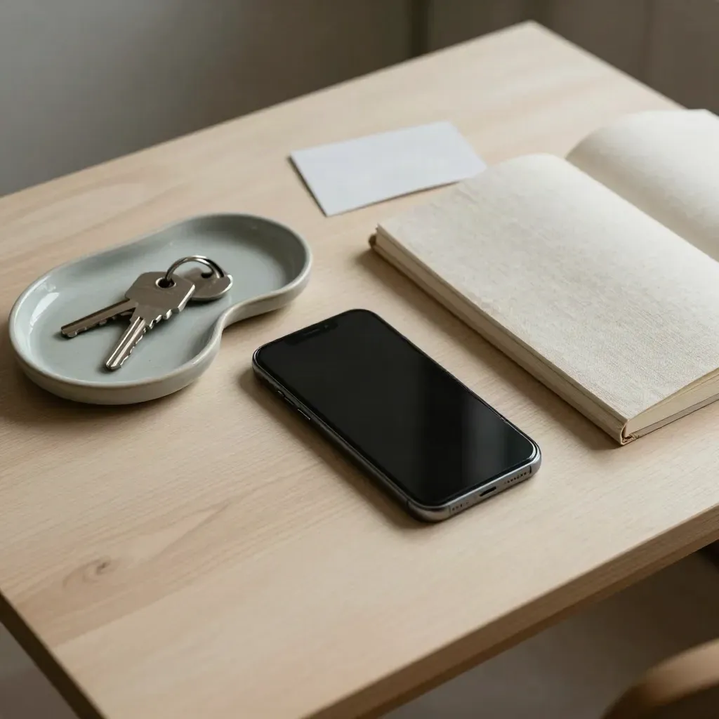 Smartphone, ceramic pen tray, key dish and linen notebook on pale wood.