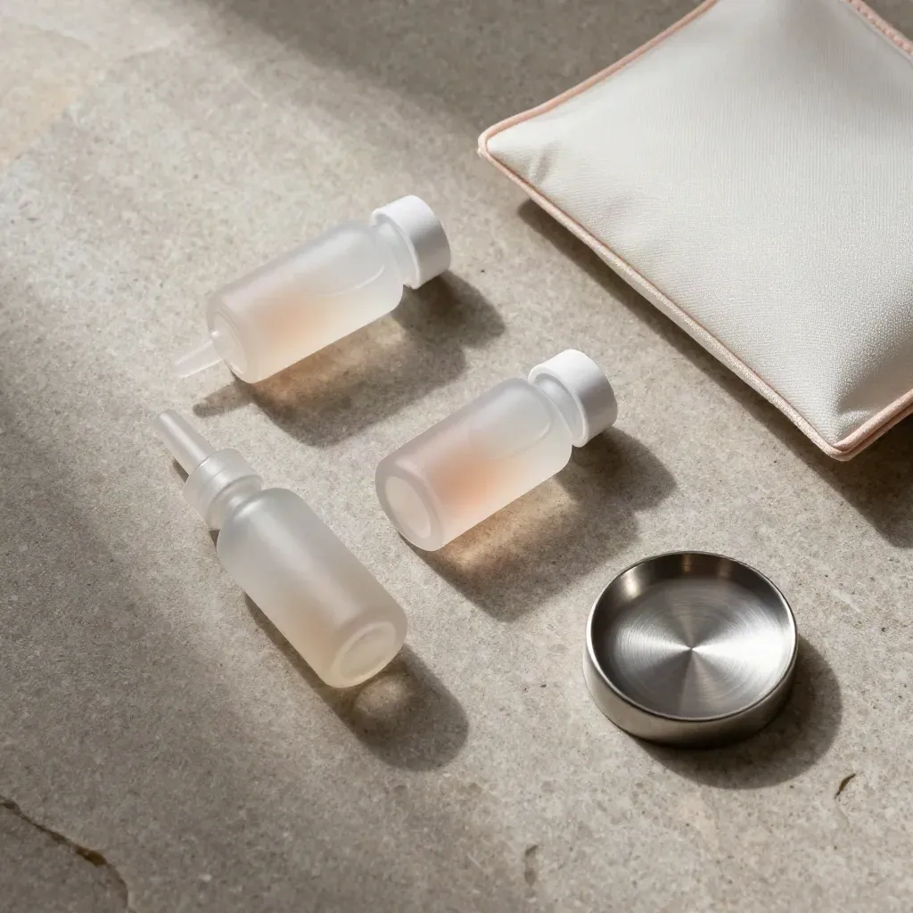 Overhead flatlay of frosted sample vials, skincare pouch, and metal cap dish on stone