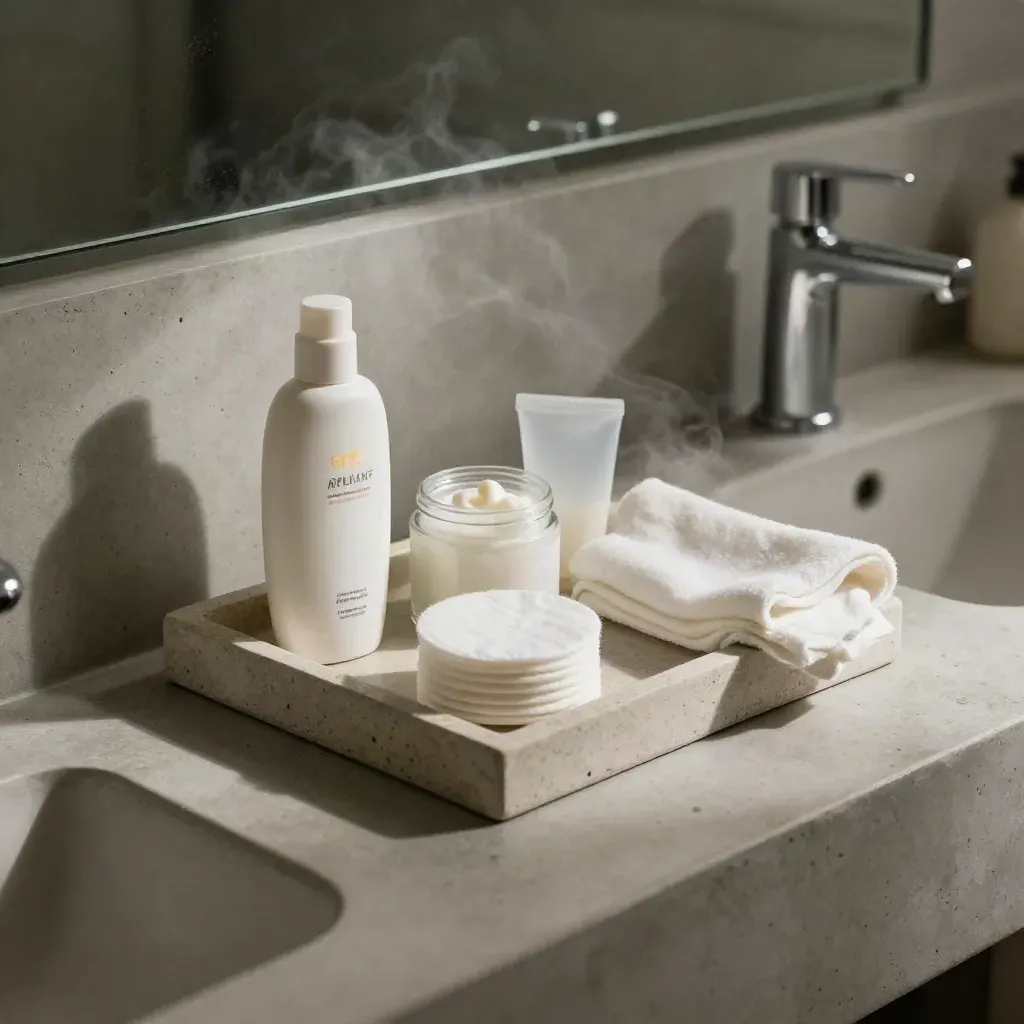 Aftercare kit with SPF, moisturizer, gel and cotton rounds on a stone tray by a steamy sink.