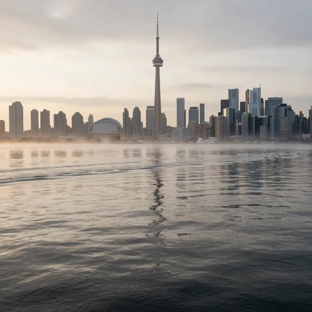 Toronto skyline across Lake Ontario at sunrise, mist and ferry wakes over calm water.