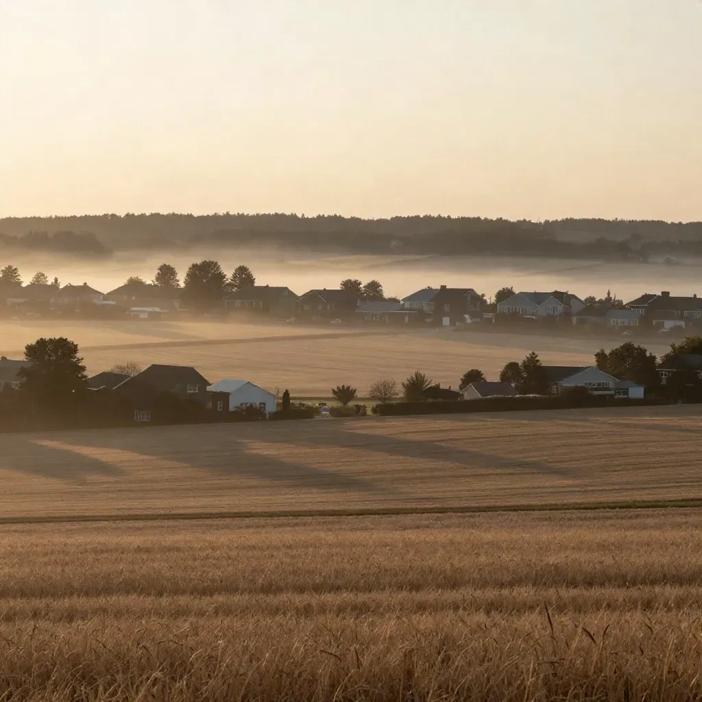 Mist lifting over York Region fields and new suburbs at dawn, treeline horizon high in frame