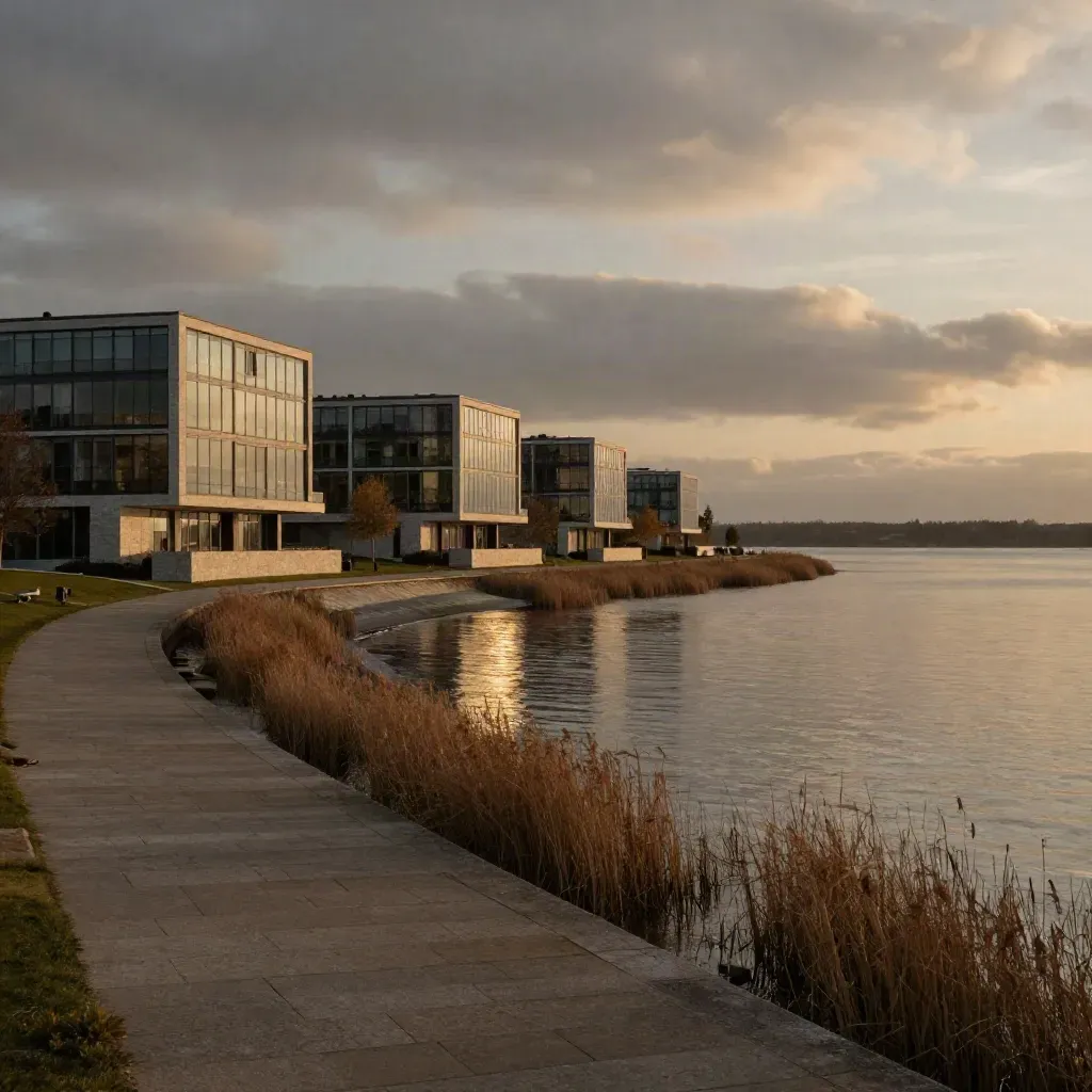 Golden-hour lakeside vista of Peel Region with low modern buildings and open calm water