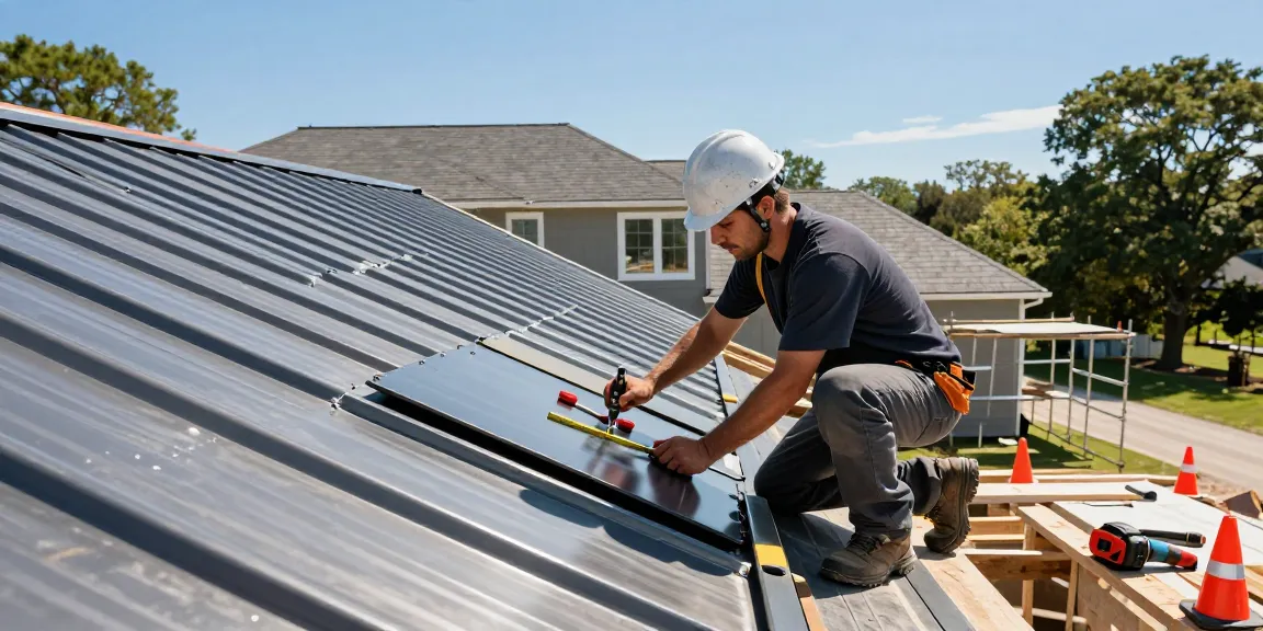 Metal roofing contractor skillfully installing a metal roof, showcasing precise craftsmanship and safety measures.