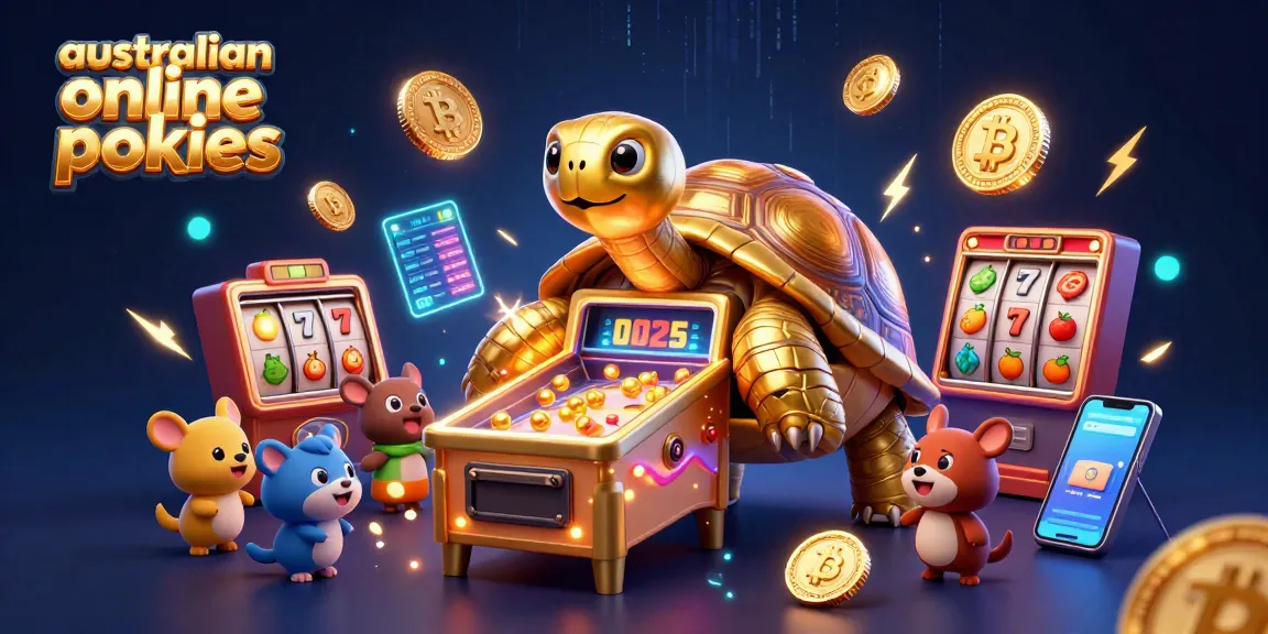 A dynamic scene showcasing australian online pokies with a golden tortoise pinball machine surrounded by vibrant gambling elements and crypto coins.
