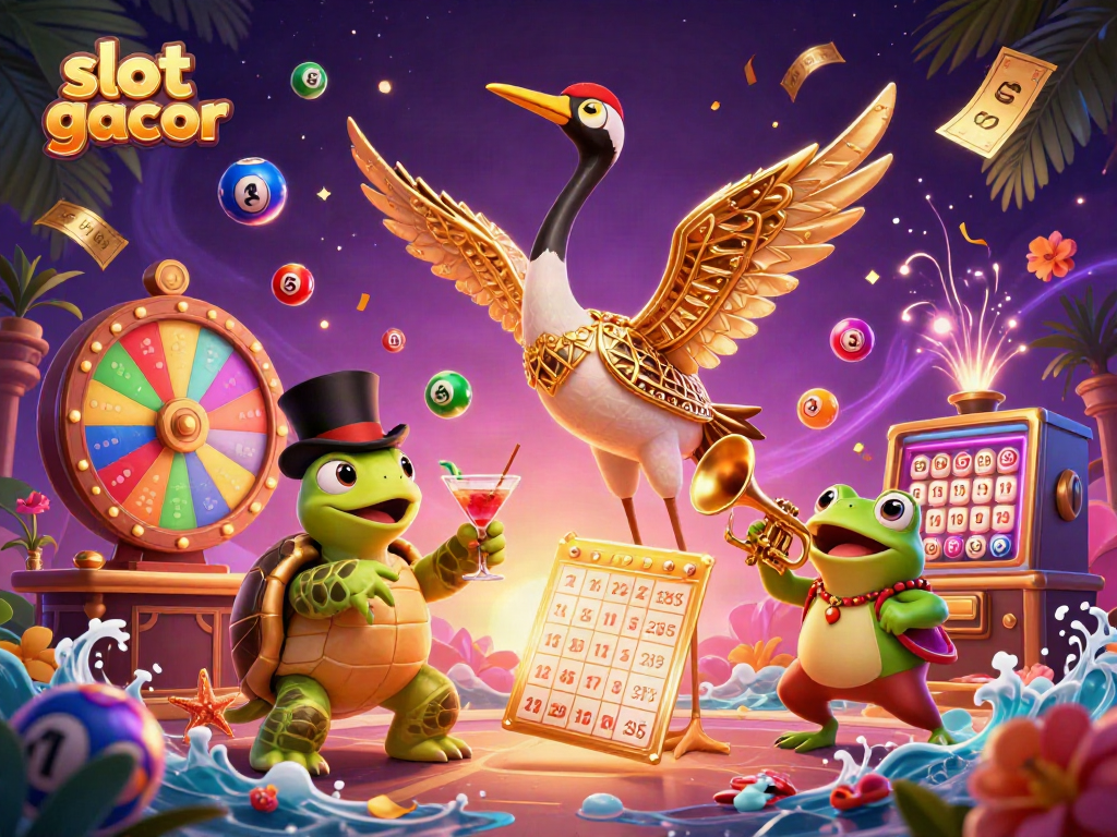 Experience the thrill of slot gacor with a vibrant scene featuring fun characters amidst casino elements.