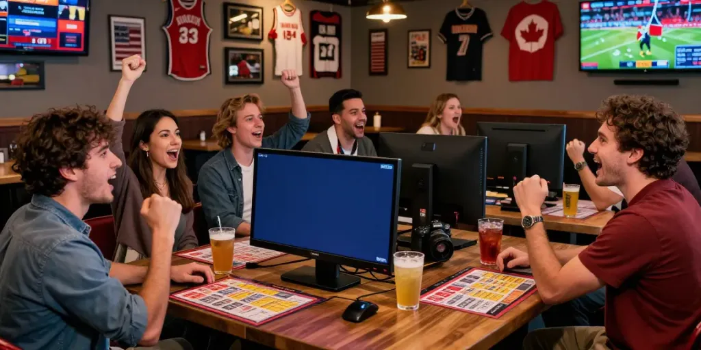 Group of friends enjoying Bitcoin sports betting in a lively Canadian sports bar.