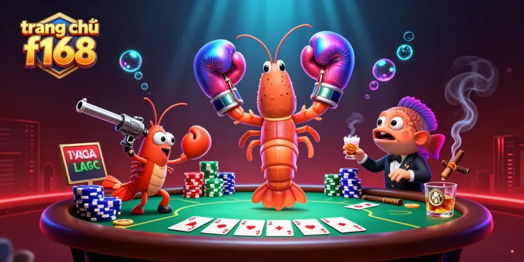 Engage in thrilling poker with trang chủ f168, featuring vibrant cartoon shrimp characters and rich casino elements.