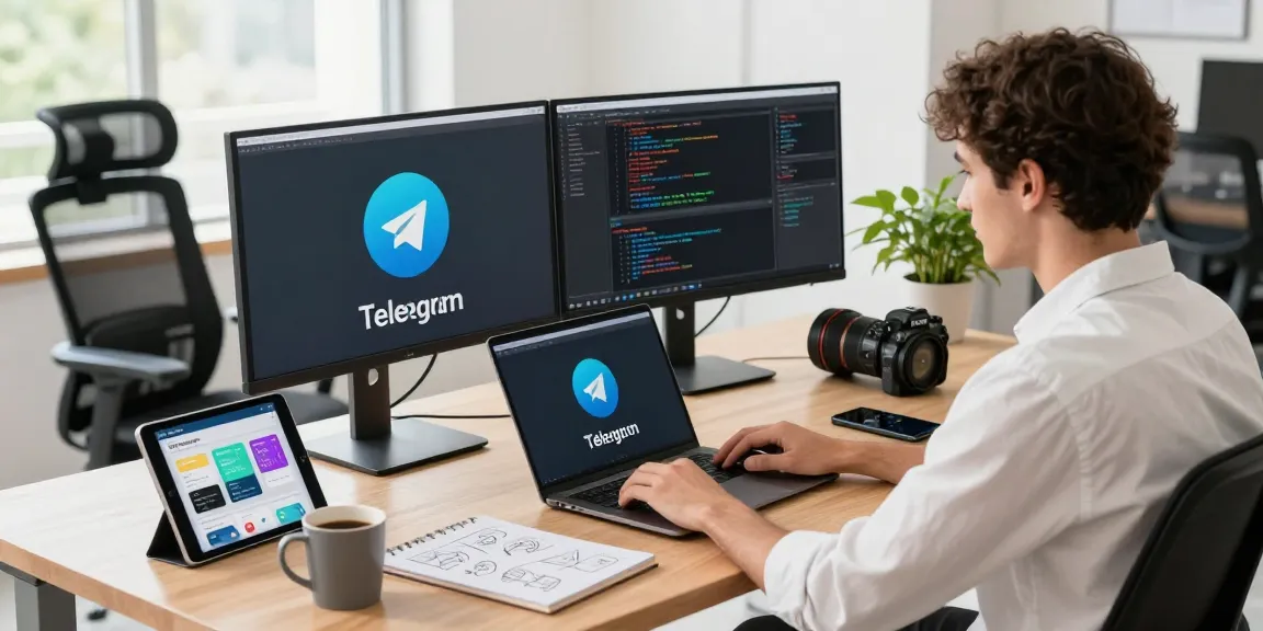 Telegram download workspace with developer using dual monitors, showcasing app coding and design.