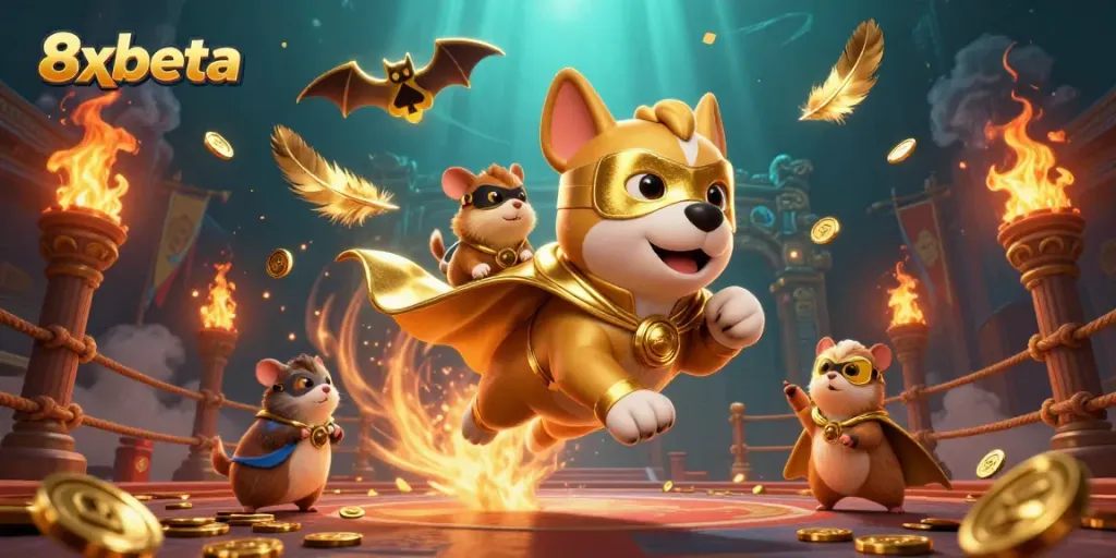 Experience thrilling action with 8xbeta's superhero dog and hamster navigating a dynamic casino scene