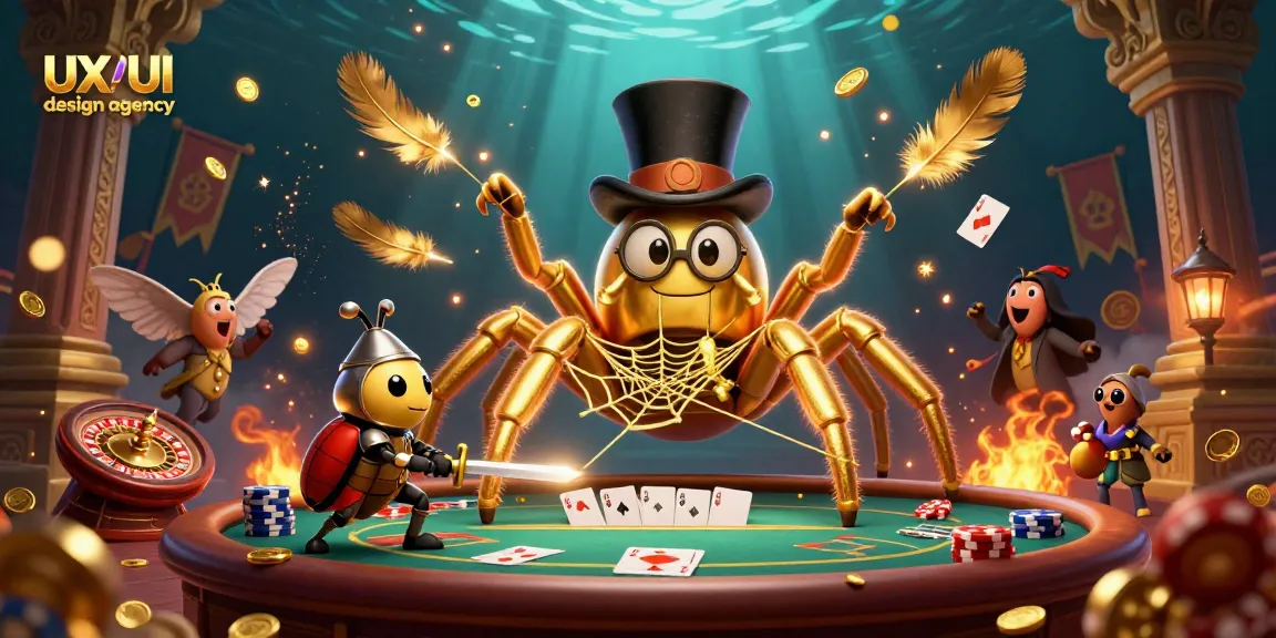 Engaging scene featuring a 3D cartoon golden tarantula creating a web in a casino while beetle knight interacts in an UX/UI design agency themed illustration.