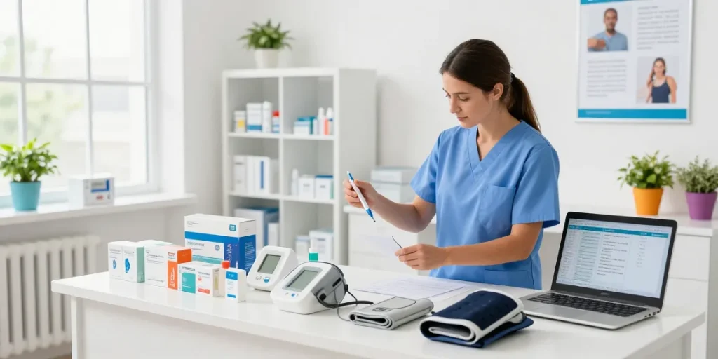 Showcasing health medical products in a professional clinic setting, featuring various health monitoring devices.